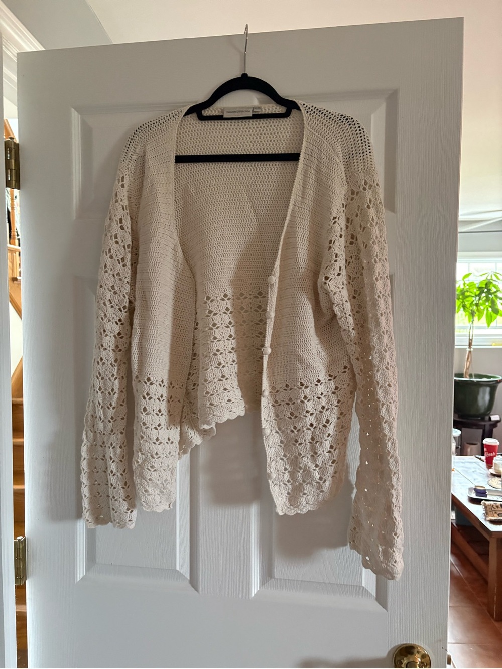 Vintage Cream Crochet Open-Front Cardigan